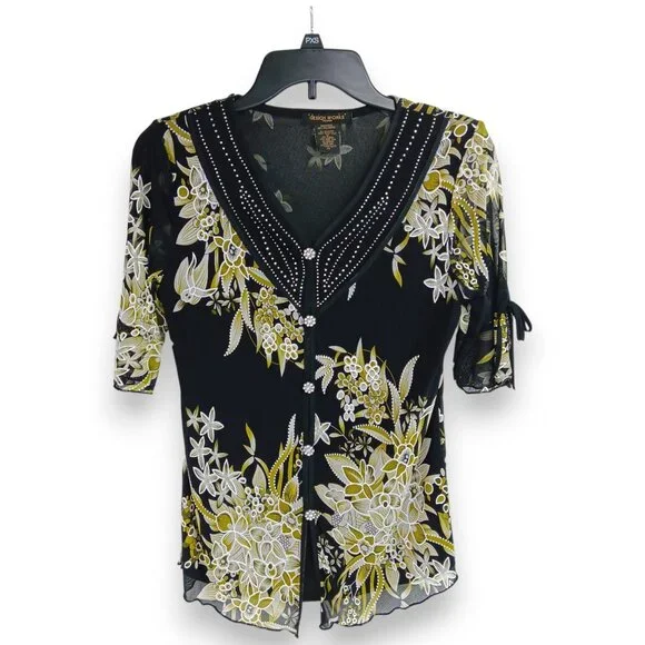 Design Works- Women's Top-Black, Green-White floral- PSMALL-Lined 3/4 Sleeve - Picture 2 of 14